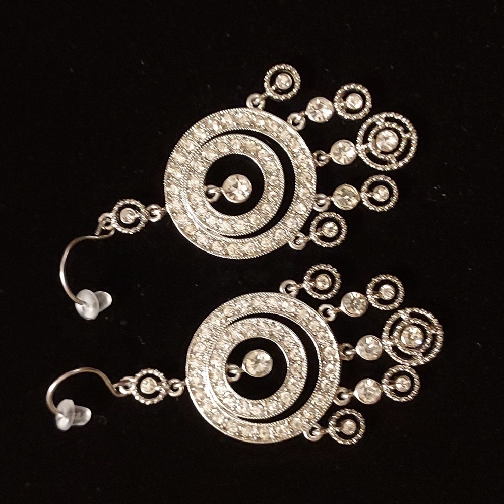 Monet vintage earrings Rhinestone dangle drop chandelier earrings silver tone